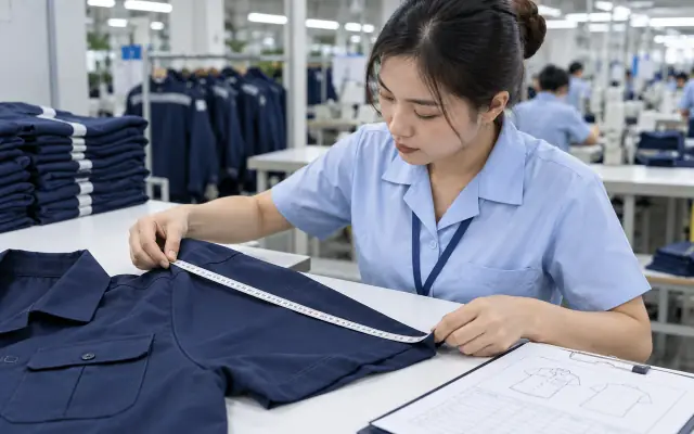 Nhân viên đo và kiểm tra bán thành phẩm áo đồng phục tại bàn cắt