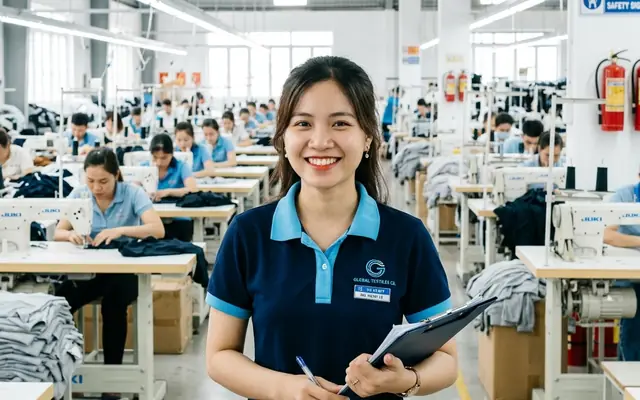 Quản lý xưởng cầm bảng kế hoạch trao đổi tại khu vực may