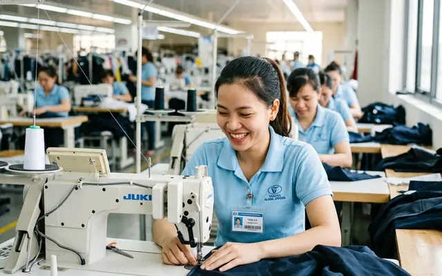 Công nhân may đang làm việc tại chuyền may áo đồng phục