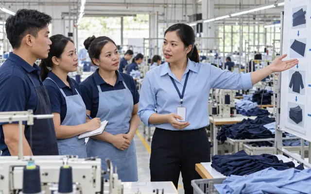 Trưởng chuyền trao đổi tiến độ với công nhân trong xưởng may