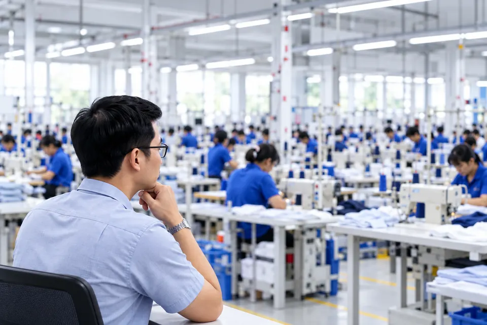 Minh họa người quản lý trong không gian xưởng may