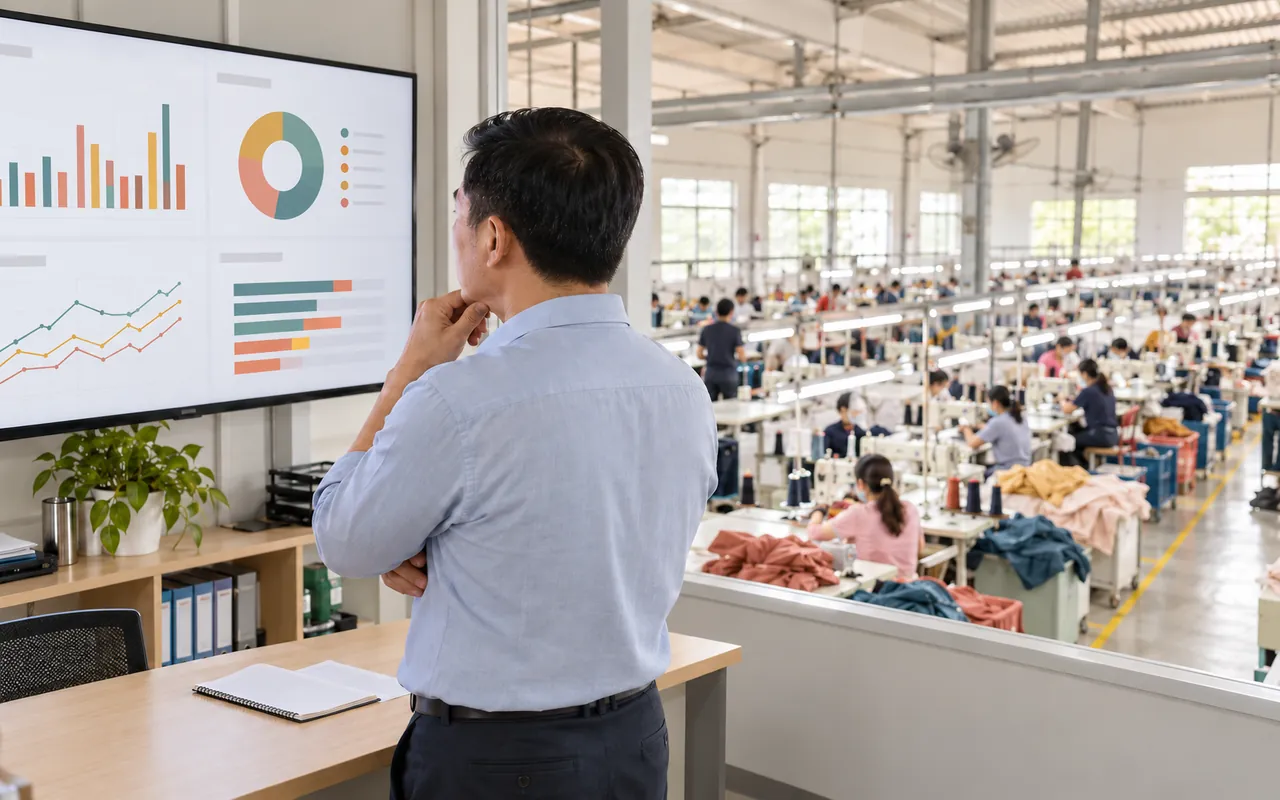 Ảnh minh họa chủ xưởng xem dashboard và quan sát khu vực sản xuất