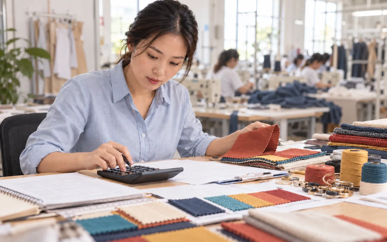 Ảnh minh họa người quản lý tính chi phí đơn hàng may cùng mẫu vải và phụ liệu