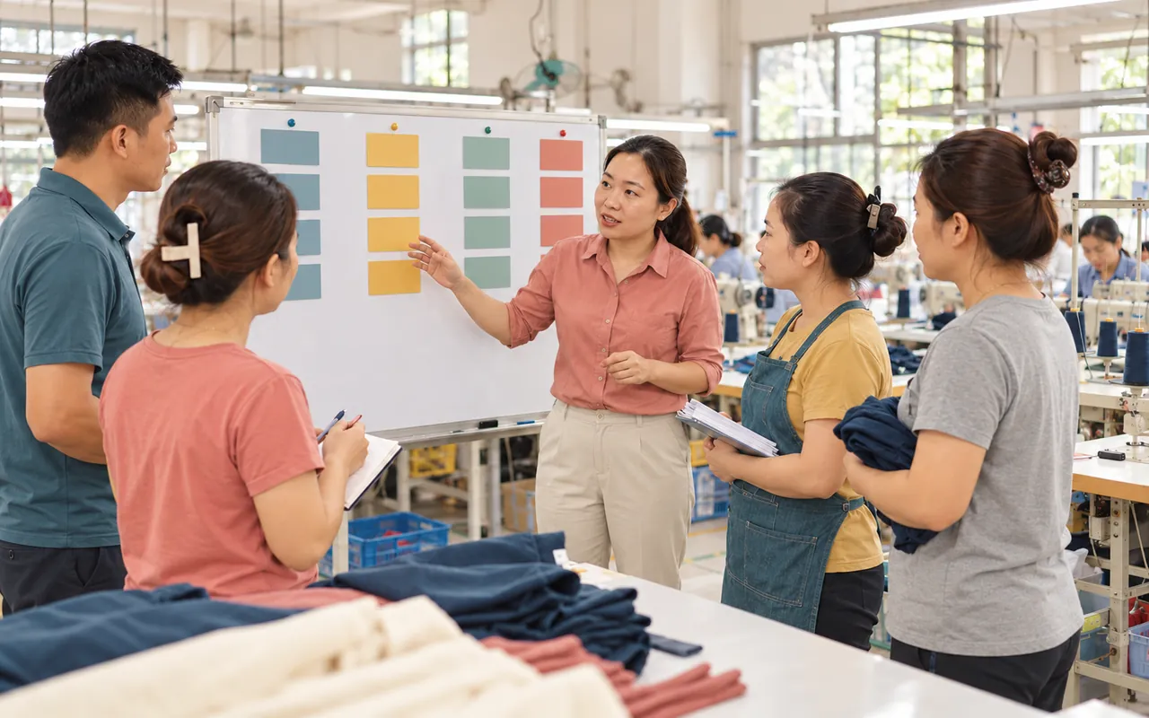 Ảnh minh họa nhóm xưởng may họp đầu ngày quanh bảng kế hoạch