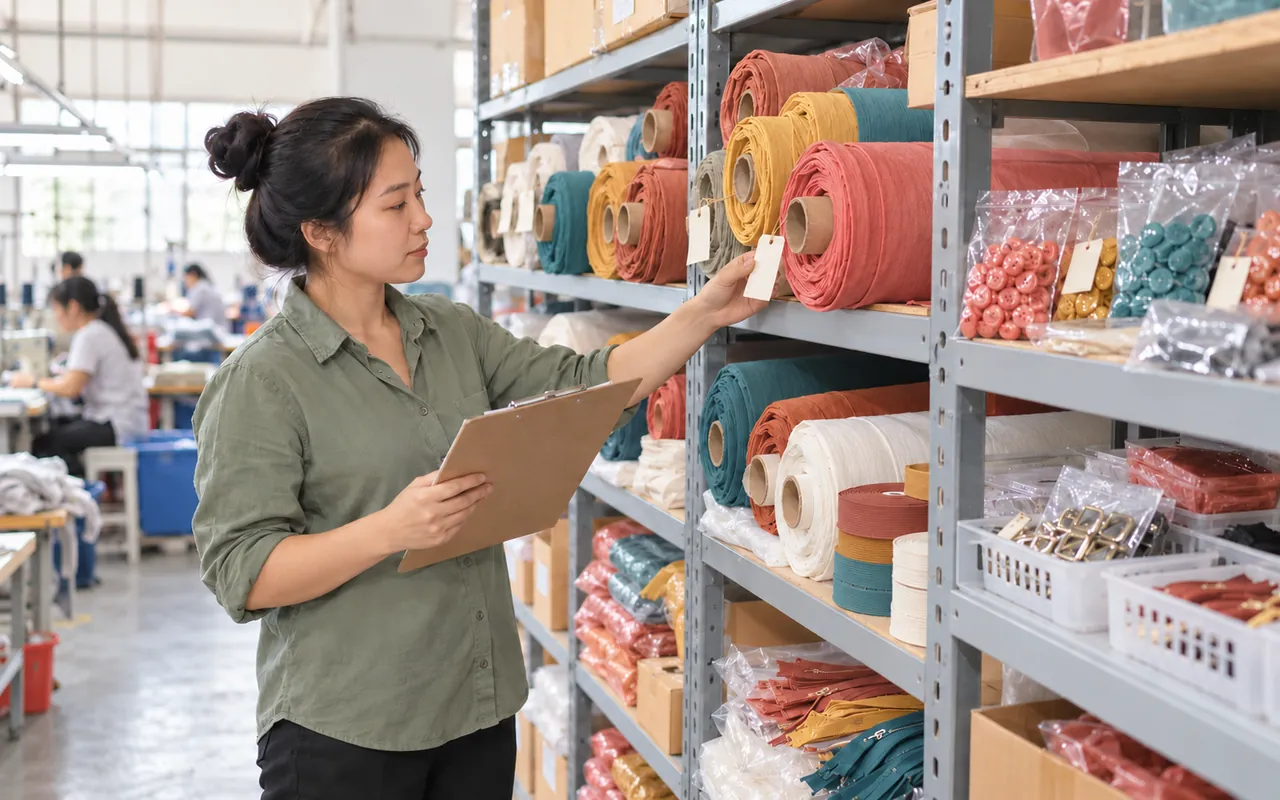 Ảnh minh họa nhân viên kiểm tra vải và phụ liệu trong kho xưởng may