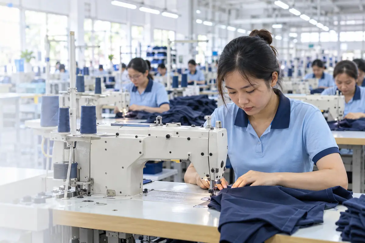 Công nhân may làm việc tại xưởng may đồng phục