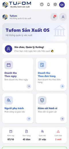 Giao diện thật TUFOM Sản xuất trên điện thoại