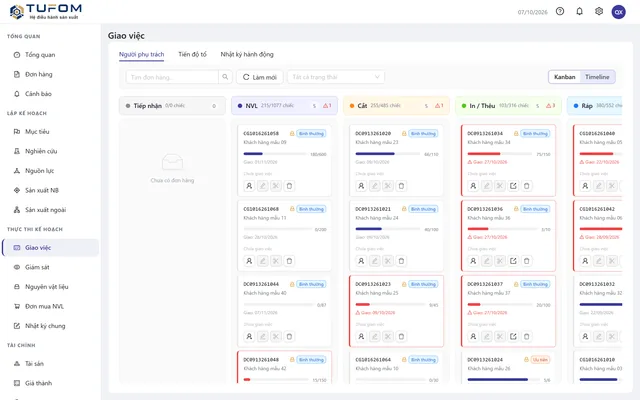 Giao diện thật bảng Kanban sản xuất theo công đoạn trong TUFOM